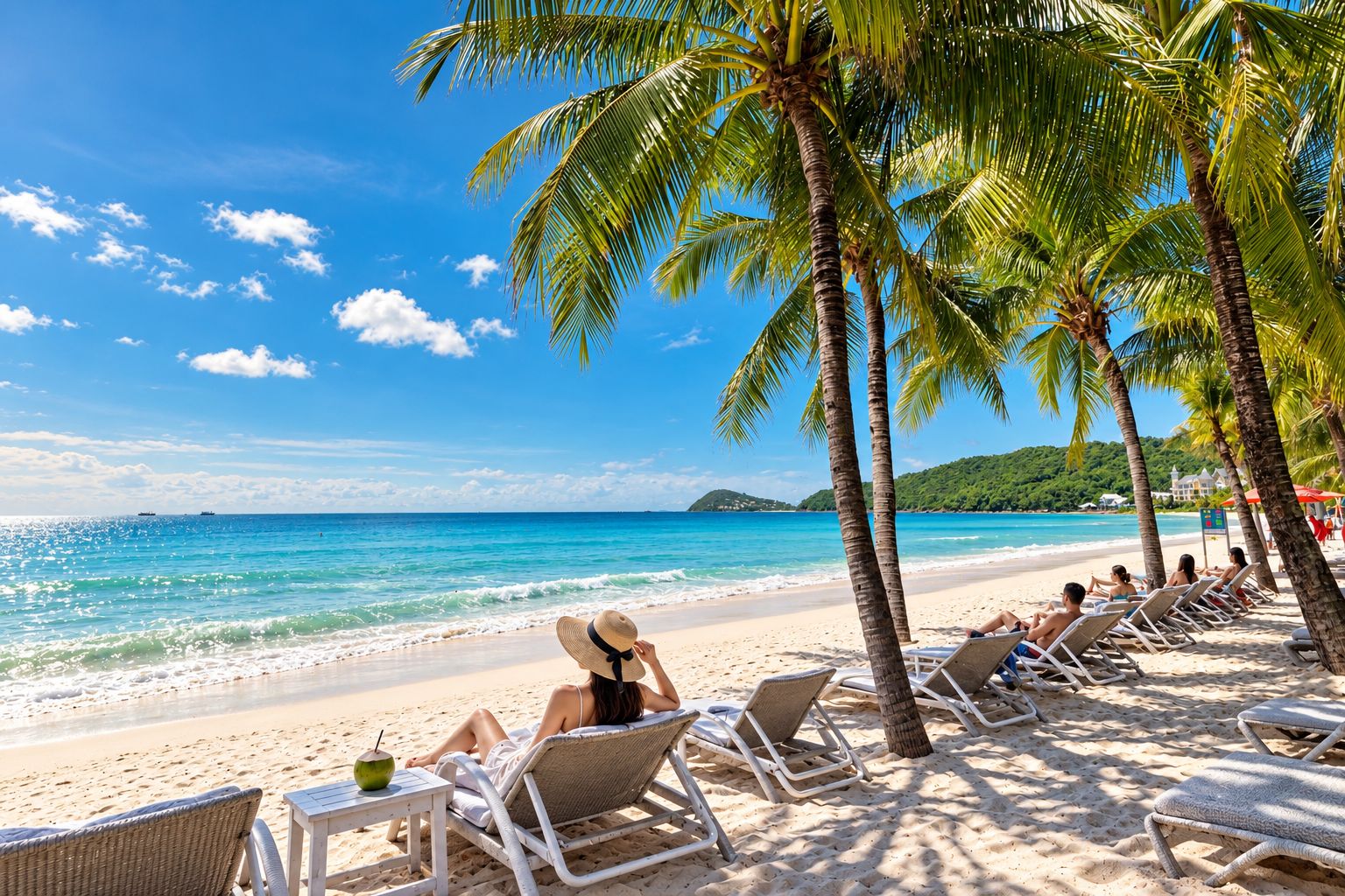 A beach with lounge chairs and palm trees, a clear sky, and a calm sea.