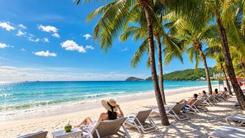 A beach with lounge chairs and palm trees, a clear sky, and a calm sea.