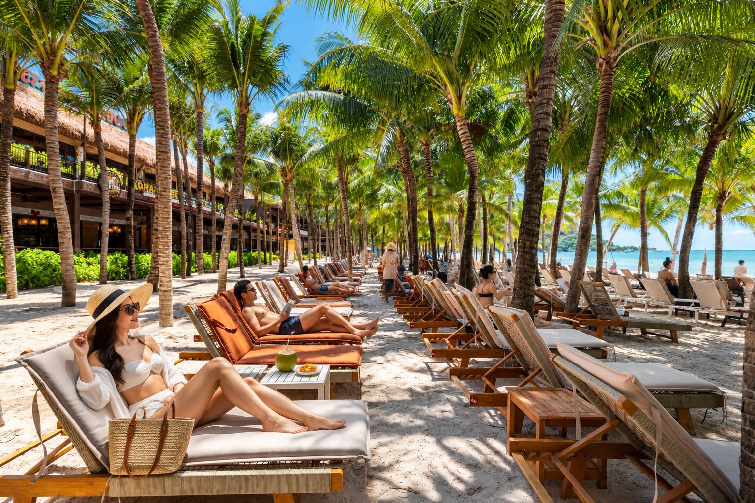 Un resort frente a la playa con filas de tumbonas y palmeras, un edificio con balcones y una vista despejada del mar.
