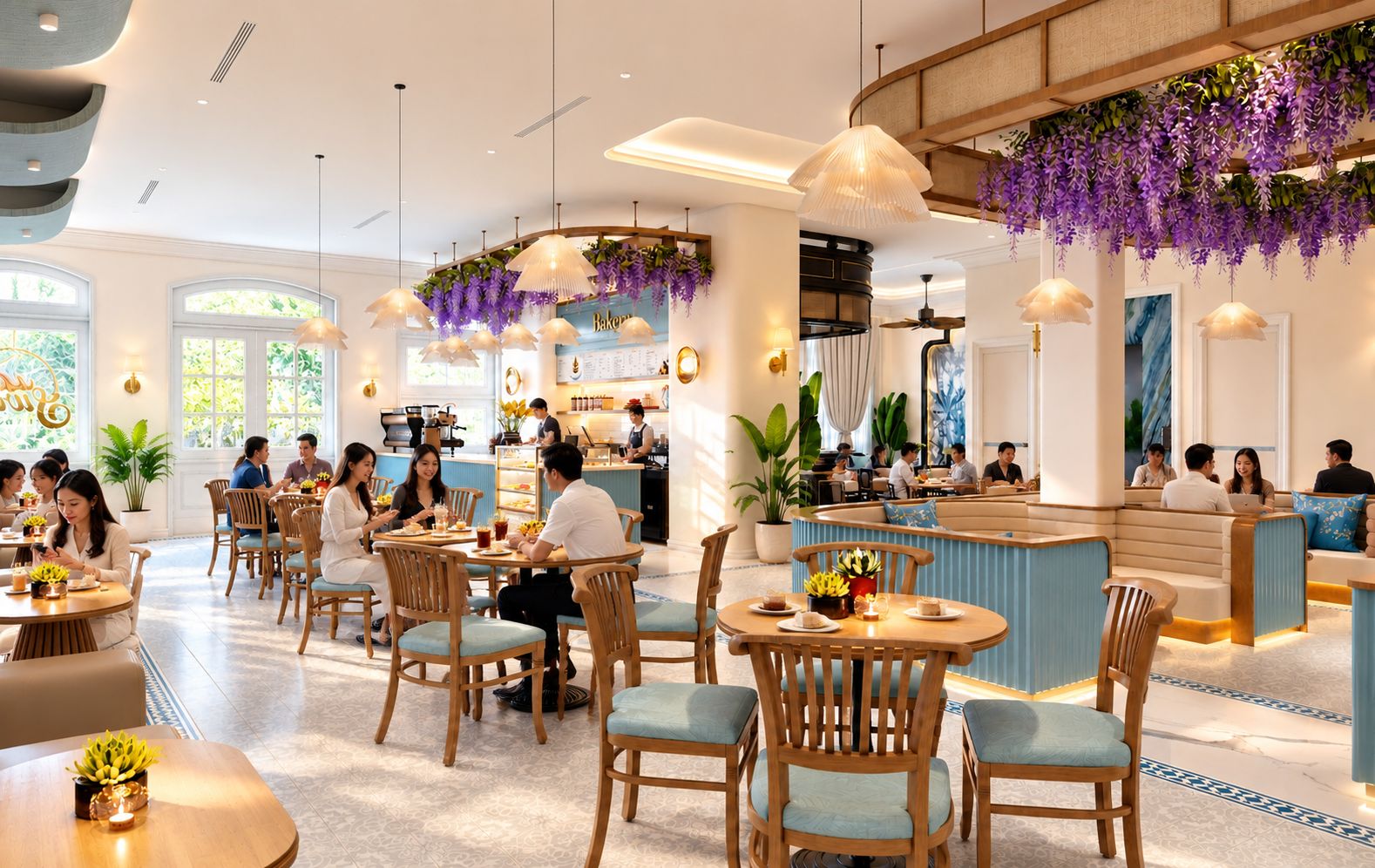 A modern restaurant with wooden furniture, hanging plants, and a bar area.
