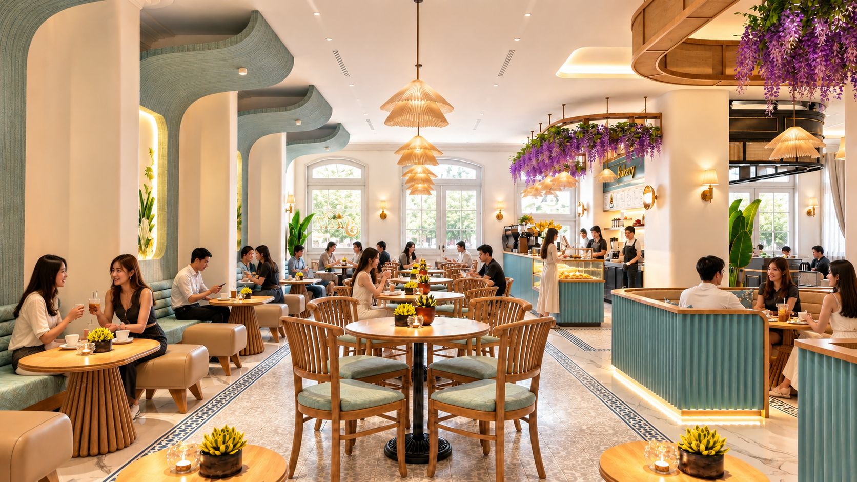 A spacious restaurant with round tables and booths, a bakery counter, and a bar area.
