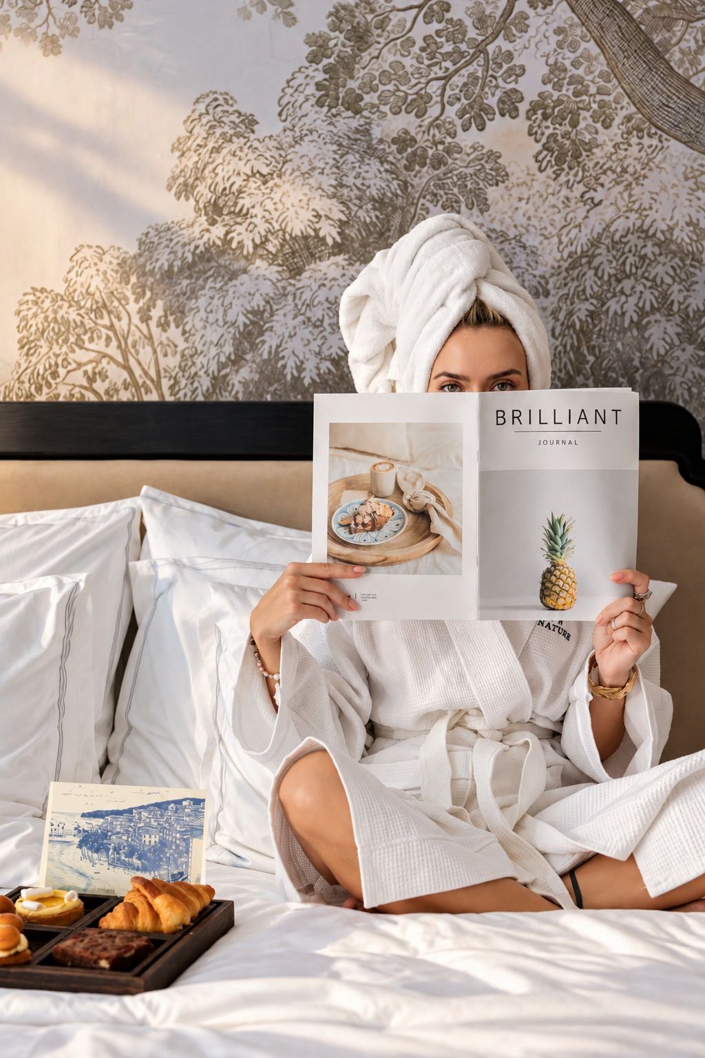 A person in a white bathrobe sitting on a bed with a book titled 'BRILLIANT JOURNAL' and a tray of pastries.