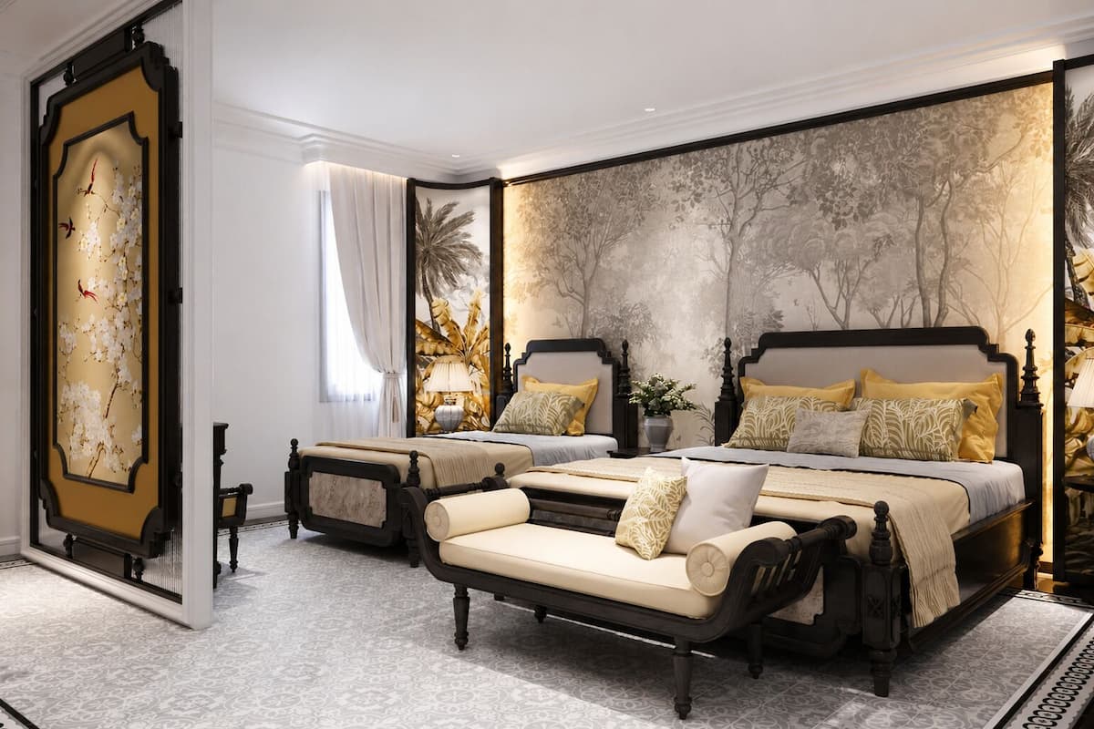 A bedroom with two beds, a large painting, and a decorative wall.
