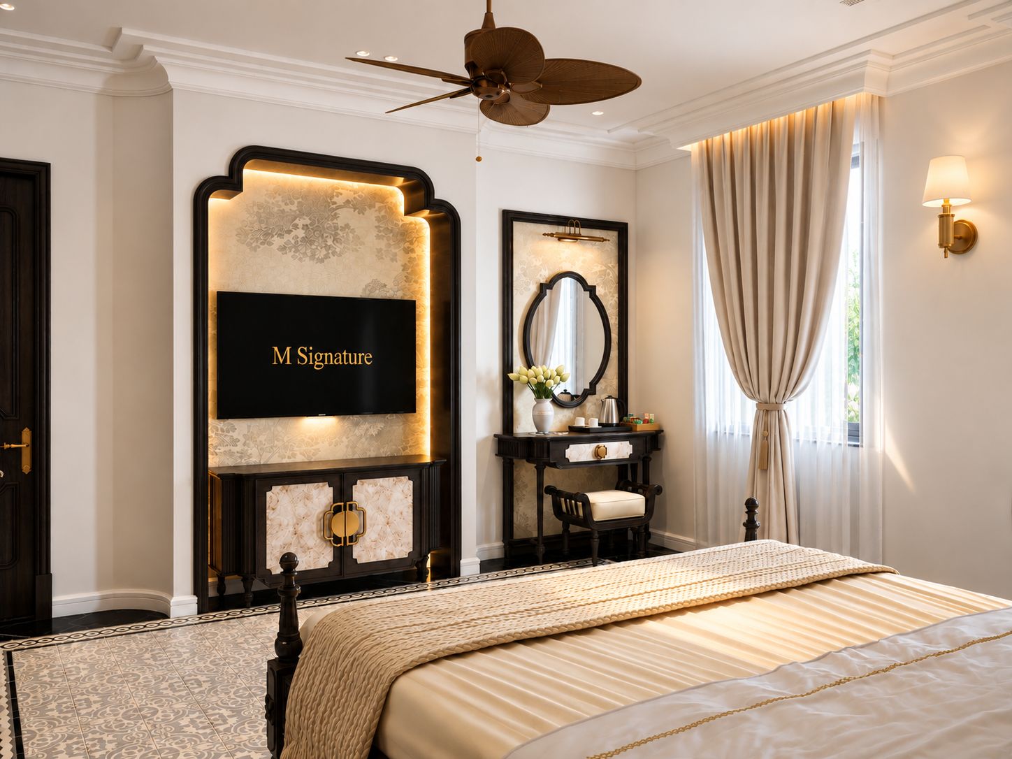 A hotel room with a bed, a TV mounted on a wall, a ceiling fan, a vanity with a mirror, and a window with curtains.