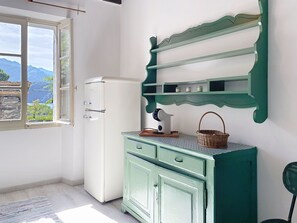 A kitchen with a refrigerator, a green cabinet, a window with a view of mountains, and a shelf with jars. - Apartment Beo by Interhome (Colico)