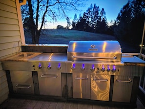 A stainless steel outdoor kitchen with a built-in sink, multiple burners, and a grill.