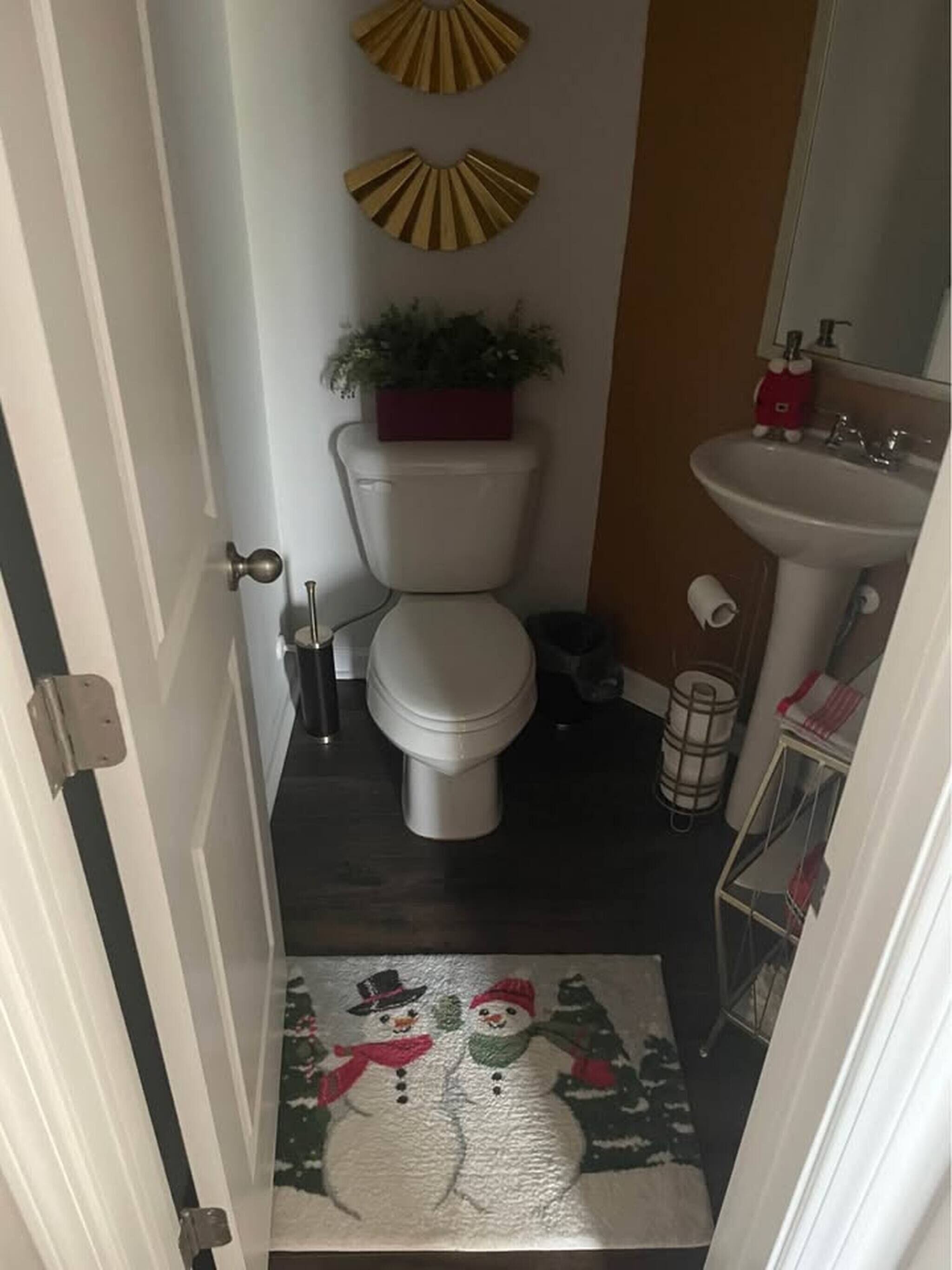 Ein schmaler Flur, der zu einer Toilette mit Pflanze, einem Waschbecken mit Spiegel und einer dekorativen Fußmatte mit Schneemännern führt.