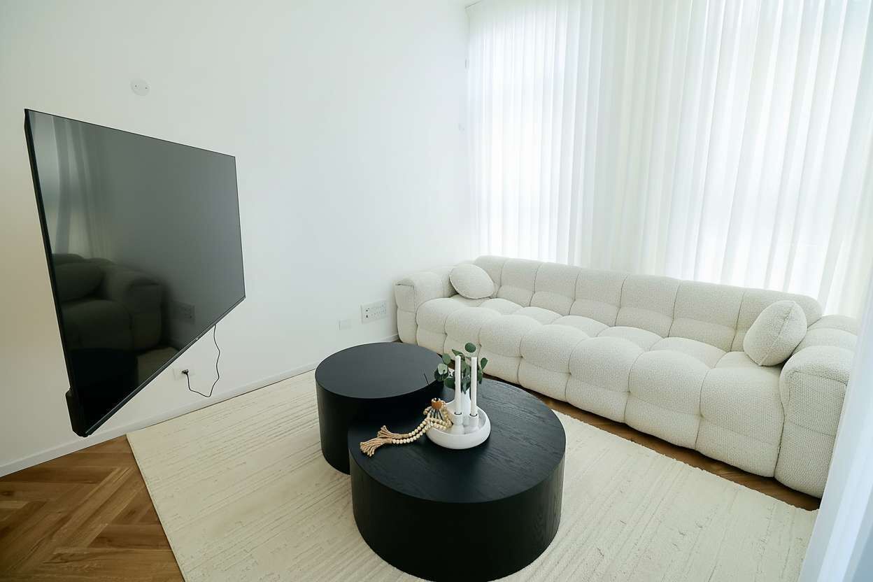 A modern living room with a flat-screen TV, a white sofa, and two black round coffee tables.
