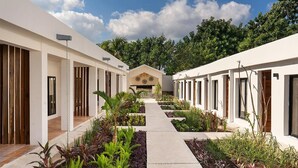 A modern hotel corridor with a central pathway, surrounded by lush greenery and white walls. - Illa Boutique Hotel Cozumel (Cozumel)