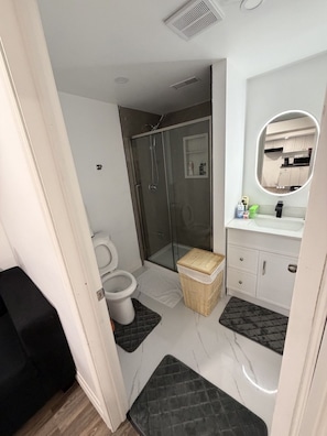 A modern bathroom with a toilet, shower, and vanity. - 🏡 Modern 2-Bedroom Private Suite Near Niagara Falls | Sleeps 4 | Free Parking (Thorold)