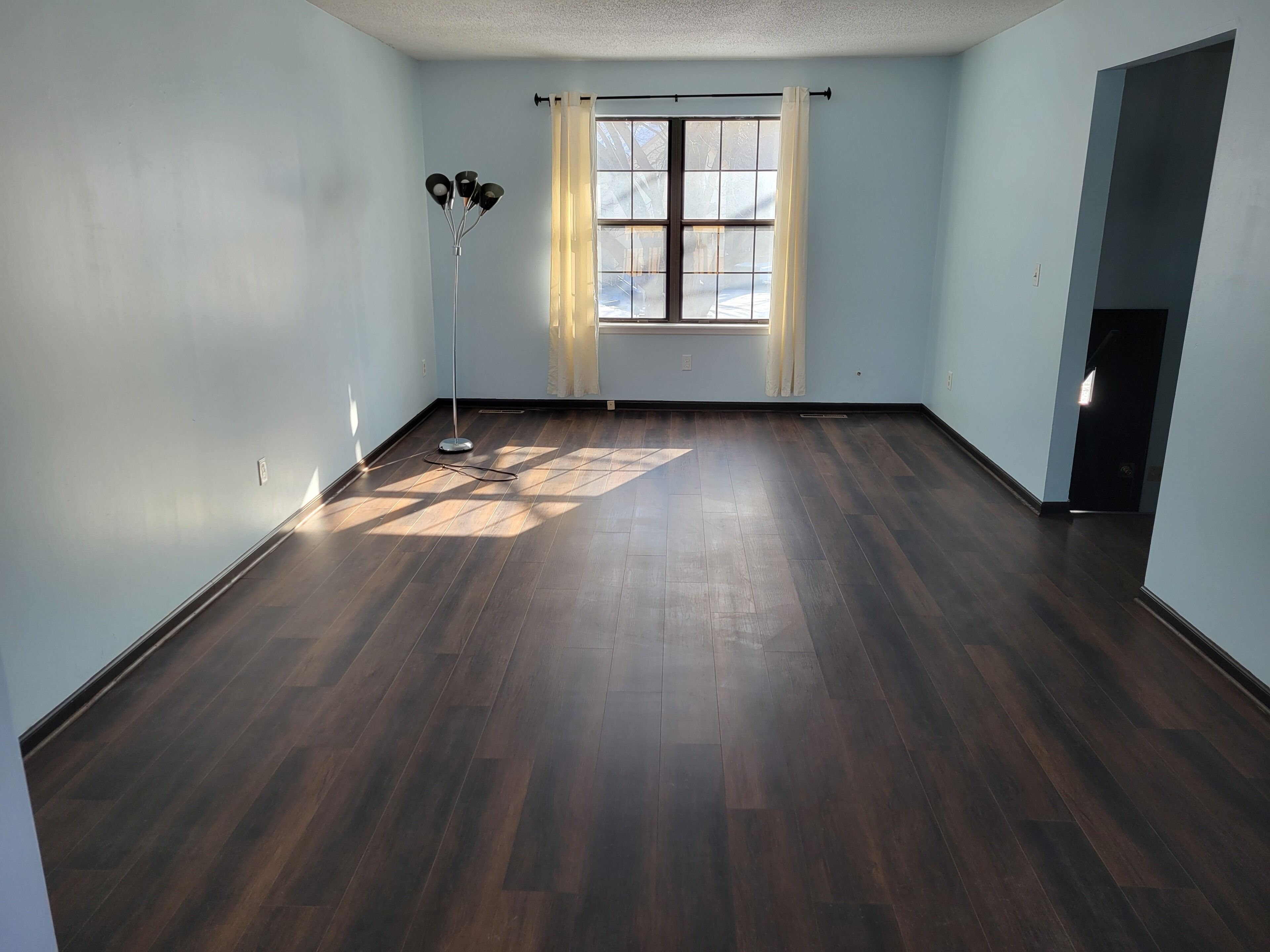 A room with wooden flooring, a standing lamp, a window with curtains, and a door.. Marvelous 3-room townhome in Raytown. 5-8 min from stadiums, World Cup!