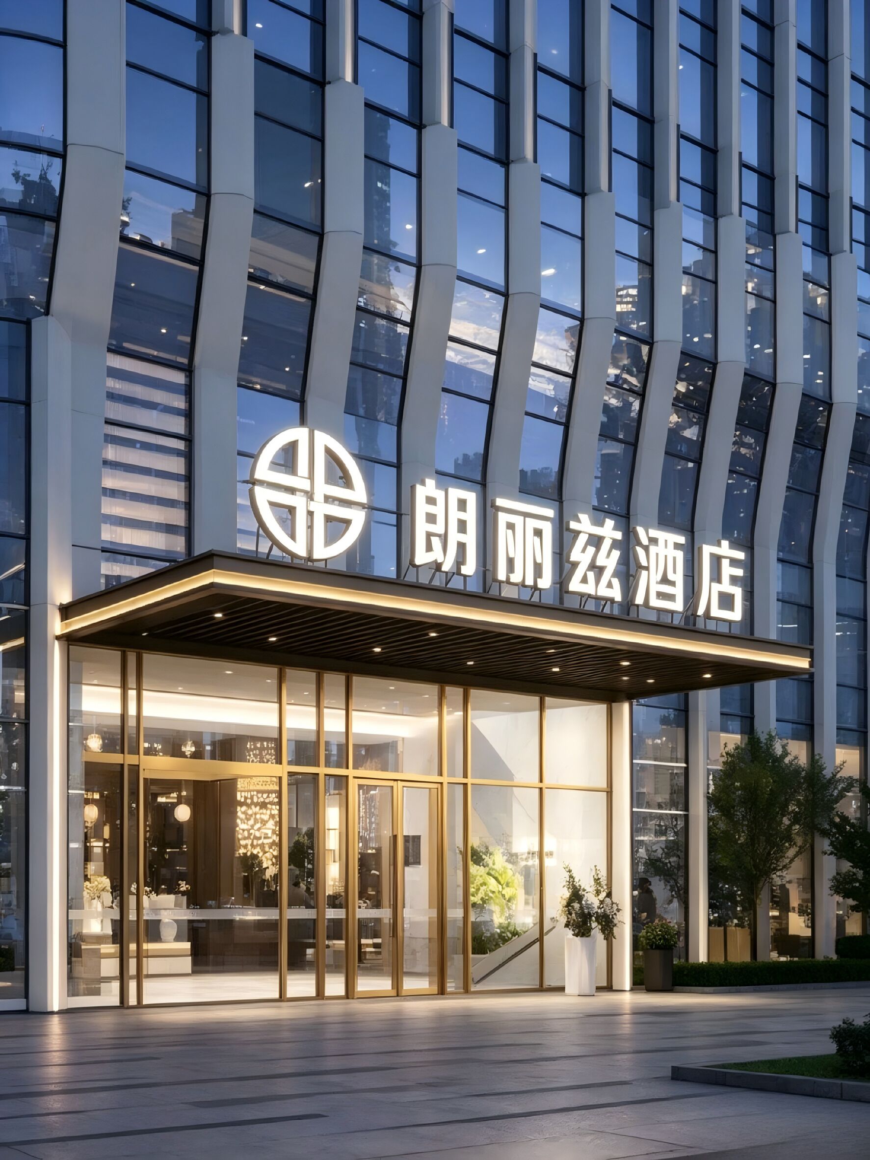 Uma entrada de hotel moderna com fachada de vidro, um logotipo em destaque e uma área de acesso bem iluminada.