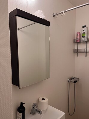 Uma casa de banho com espelho, sanita, lavatório, chuveiro e um prateleira com artigos de higiene pessoal.