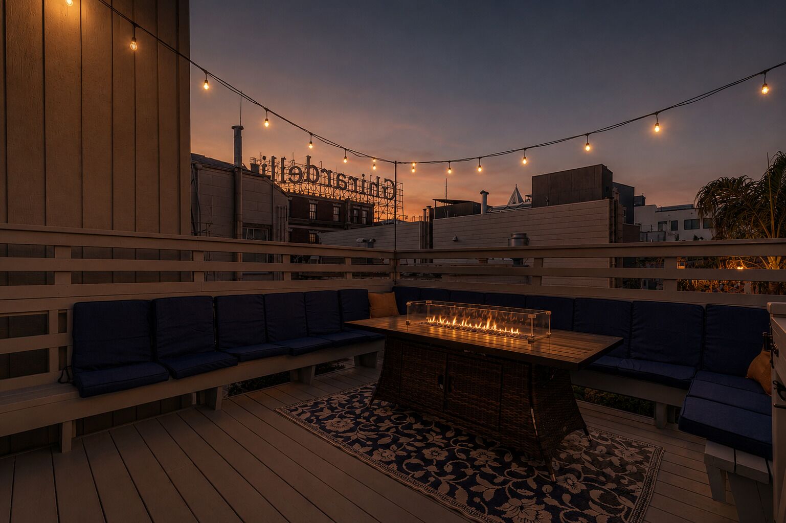 Une terrasse sur le toit dotée d’un foyer, de sièges et de guirlandes lumineuses.