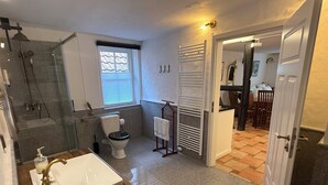 Une salle de bain avec douche, toilettes et lavabo.