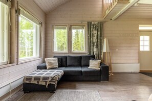 A room with a dark grey sofa, a patterned rug, and a large window with curtains.