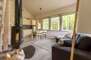 A modern interior with a wood-burning stove, a dining area, and a cozy seating area with a view of the outdoors.