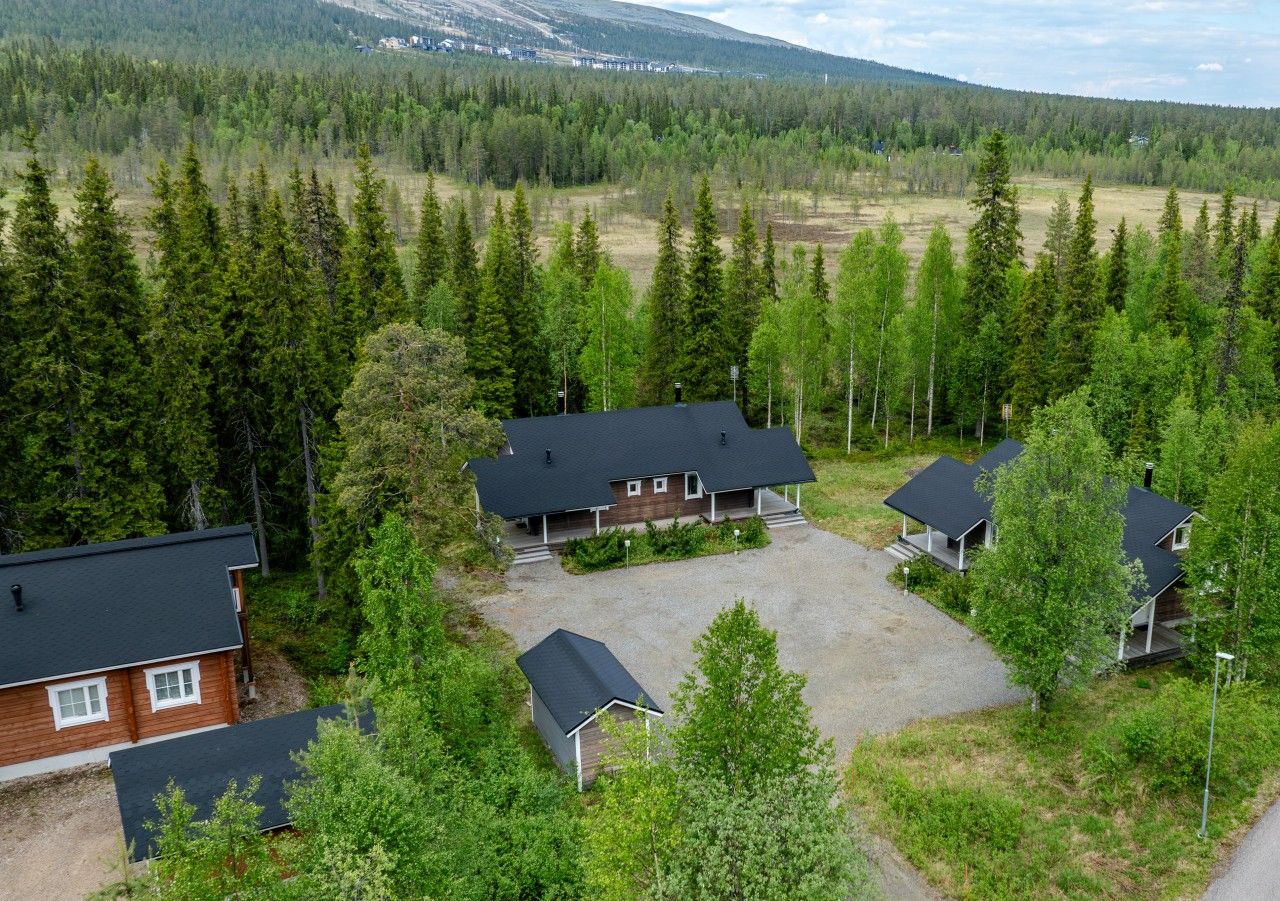 Un quartier résidentiel composé de plusieurs maisons, un bâtiment central doté d’un porche et une forêt environnante.