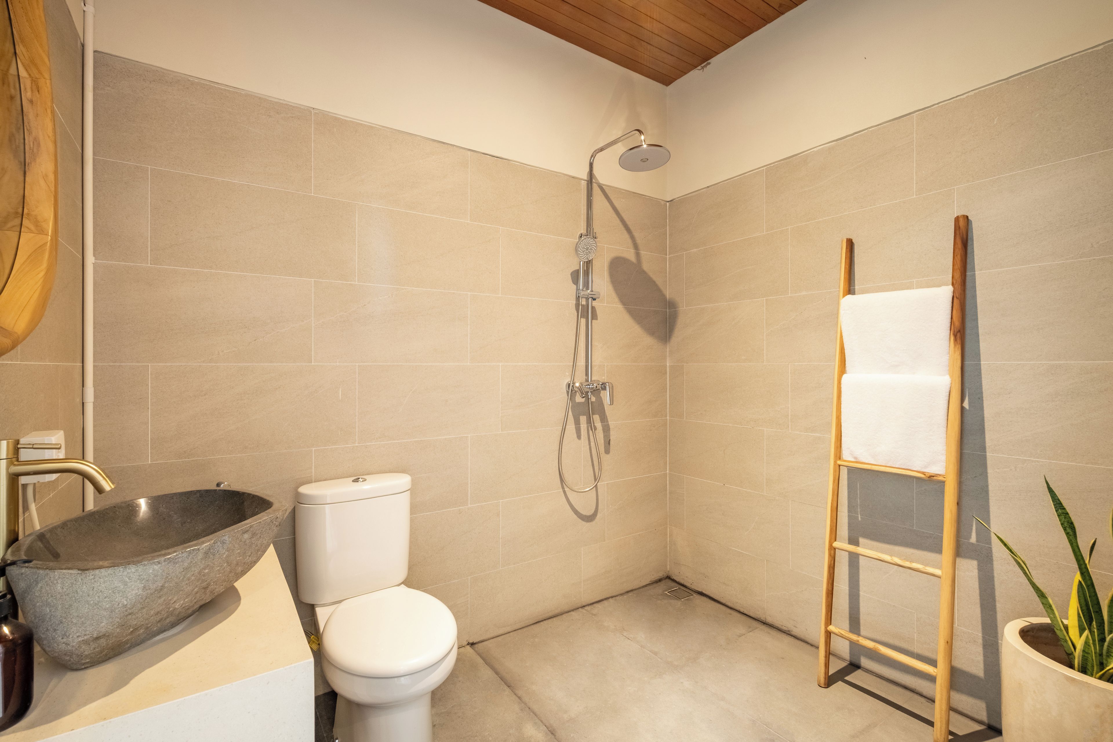 A modern bathroom with a stone basin, toilet, shower, and a wooden ladder.