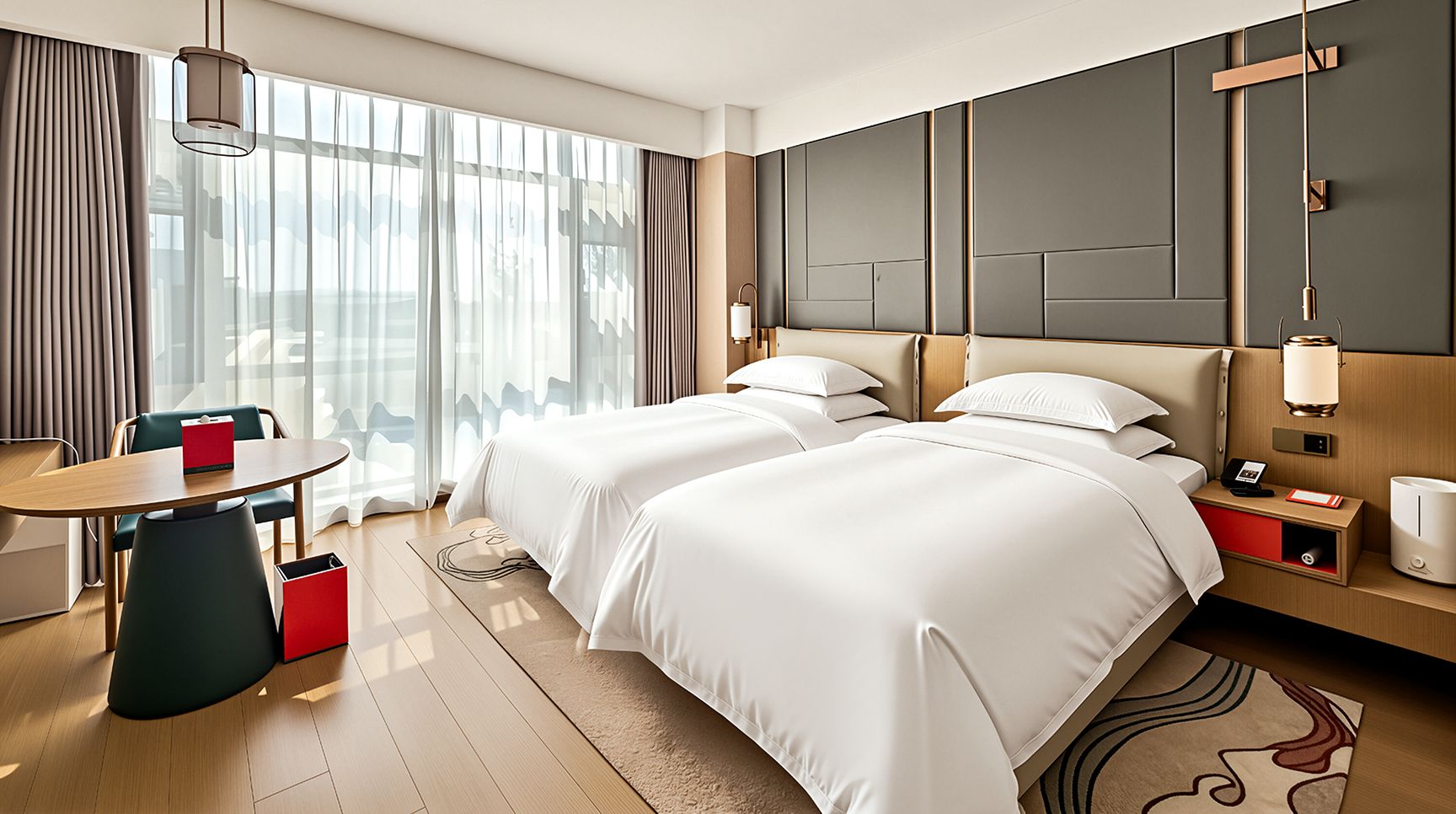 Quarto de hotel com duas camas, uma mesa de jantar e vista para a cidade.