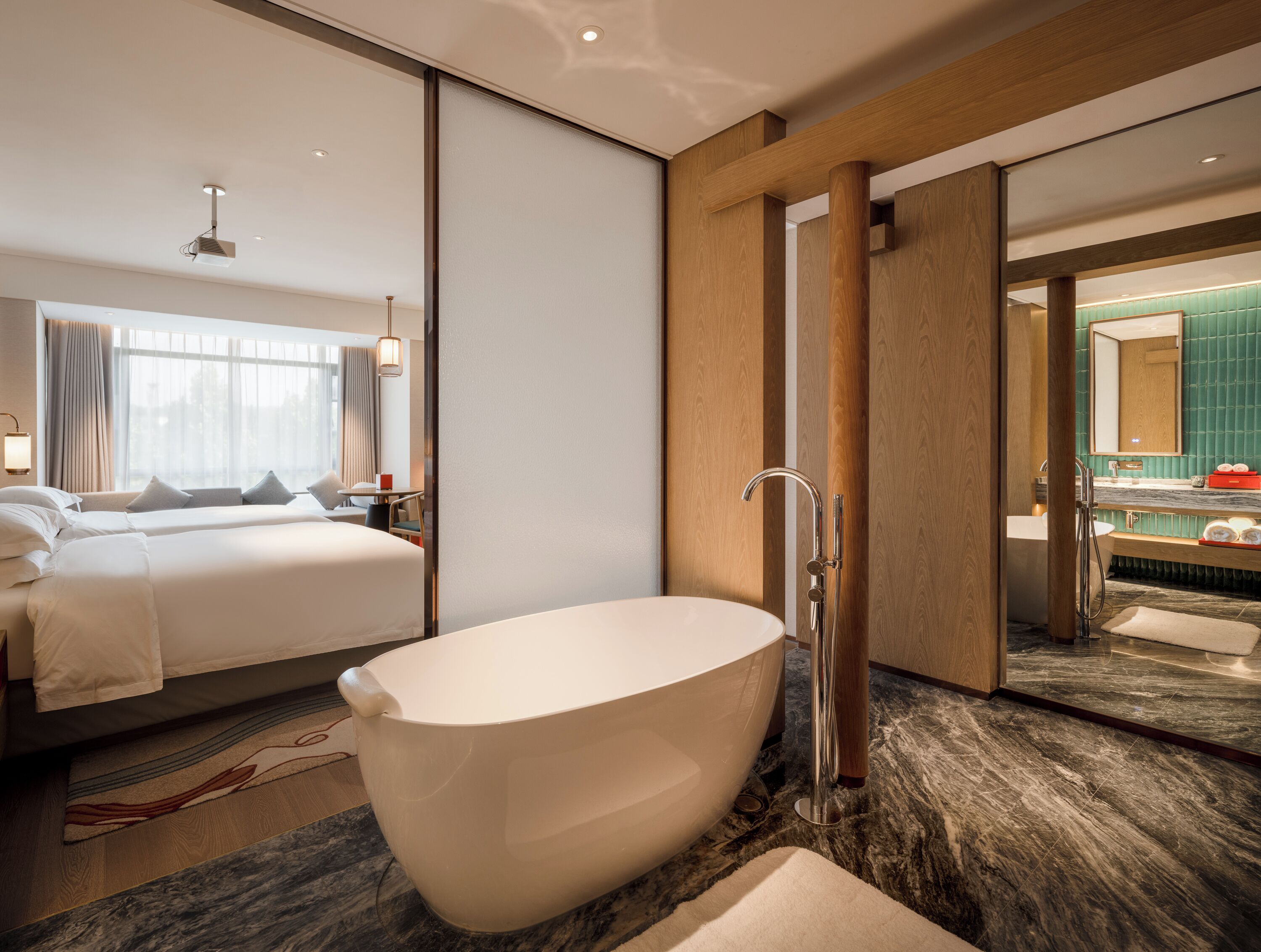 Separate tub and shower, hair dryer, towels, soap