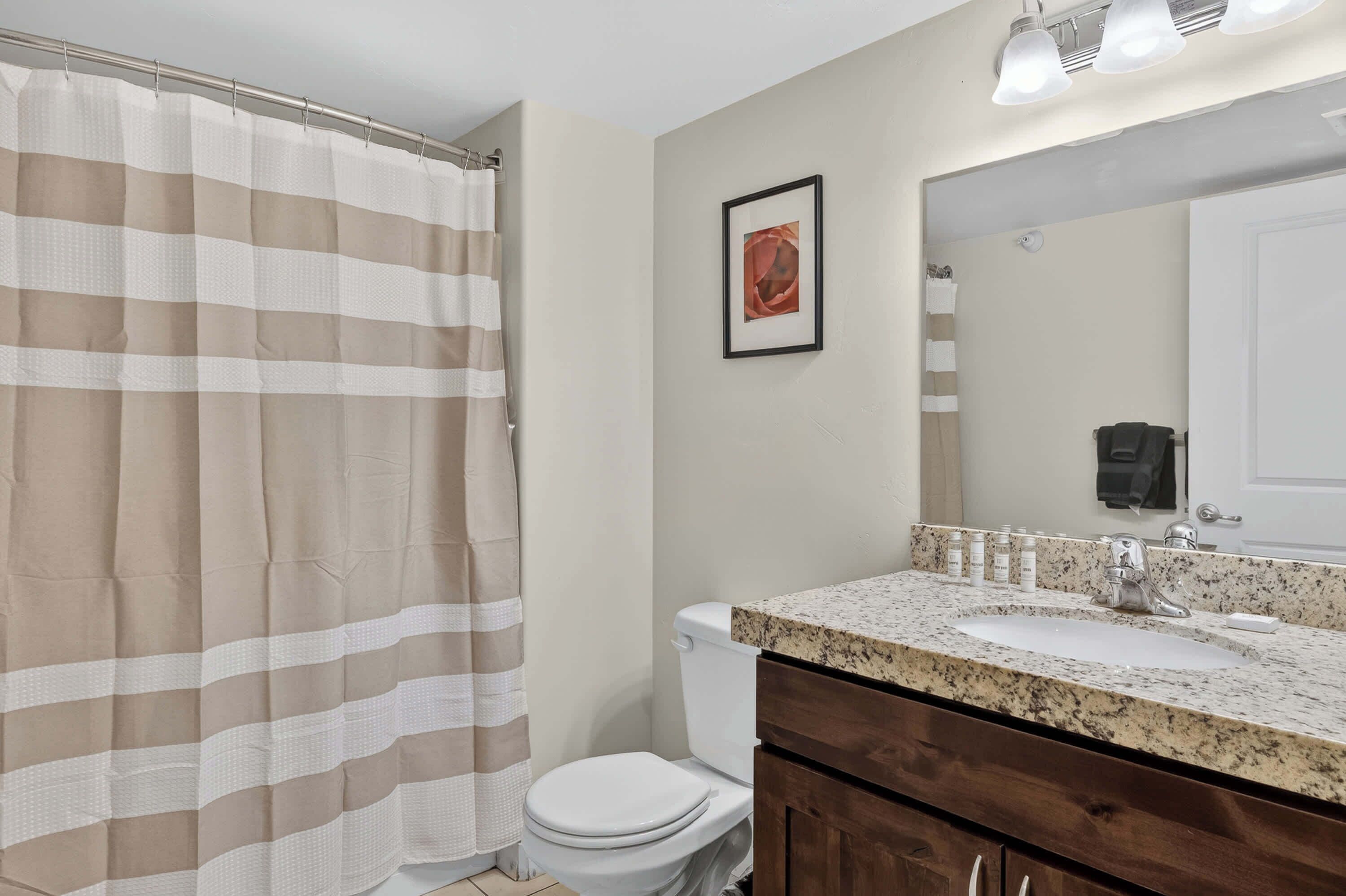 A bathroom with a striped shower curtain, a toilet, a sink with a granite countertop, and a mirror above the sink.