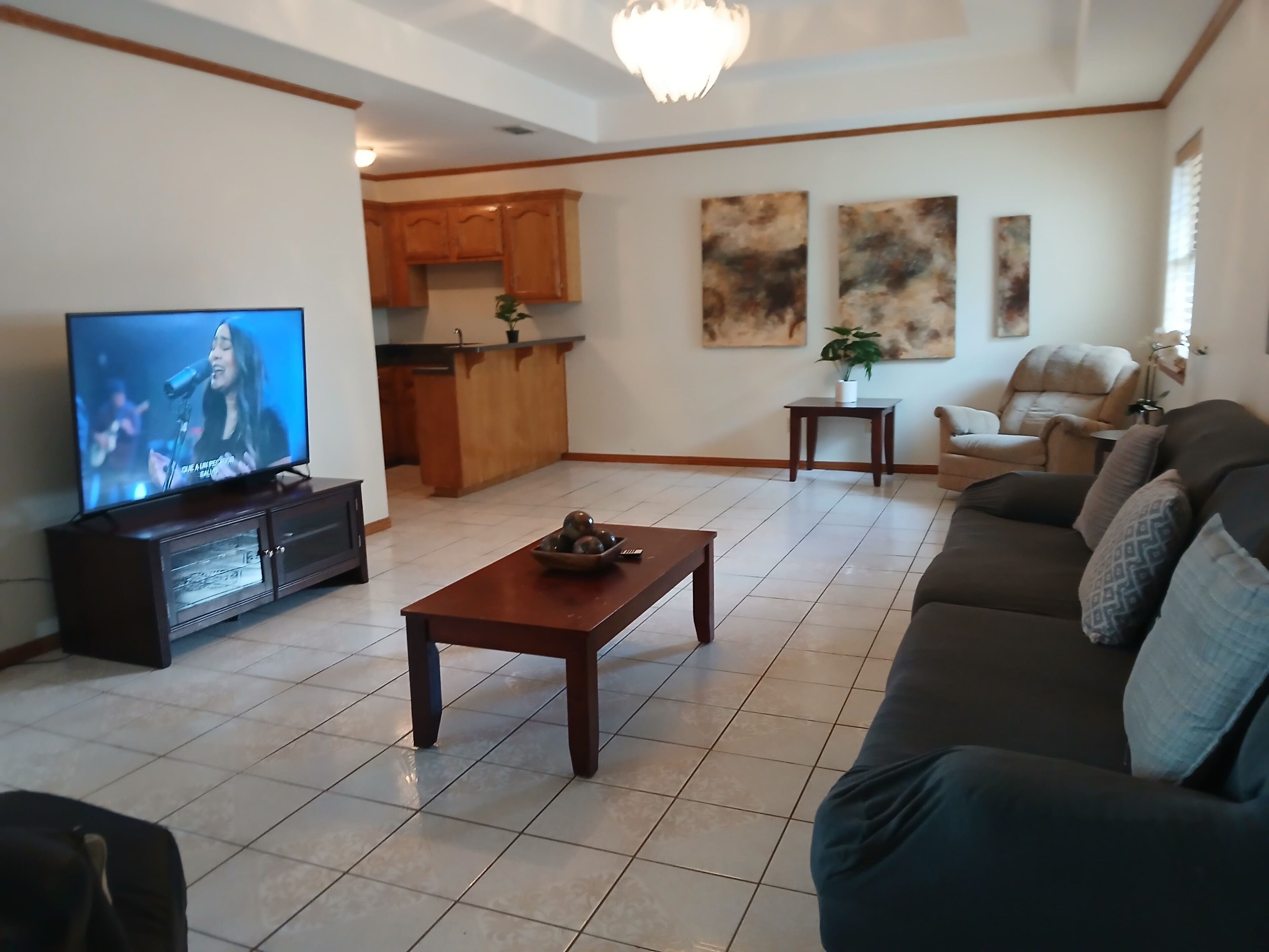 A living room with a television, a sofa, a coffee table, and a kitchen in the background.