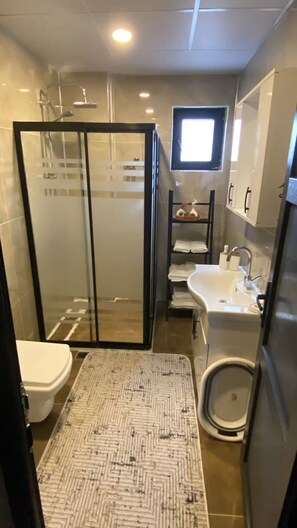 A compact bathroom with a glass-enclosed shower, a toilet, a sink, and a small shelf with towels.