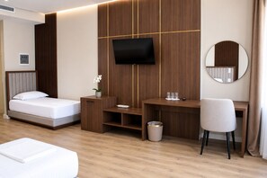Habitación de hotel con cama, escritorio, televisión, espejo y cubo de basura.