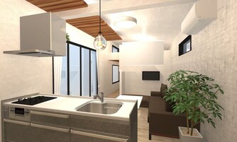Una cocina moderna con estufa integrada, fregadero y zona de comedor con sofá y planta en maceta.