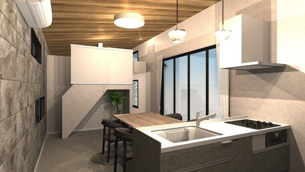Une cuisine moderne dotée d’un îlot central, d’appareils électroménagers intégrés et d’un coin repas avec des chaises.