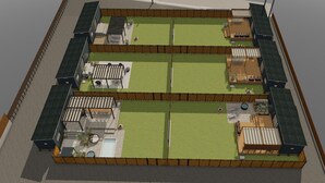 Un modèle 3D d’un bâtiment à plusieurs niveaux, doté d’espaces de détente en plein air et d’une piscine.