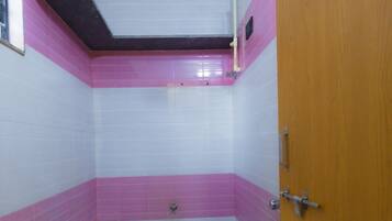 Shower, hair dryer, towels, toilet paper