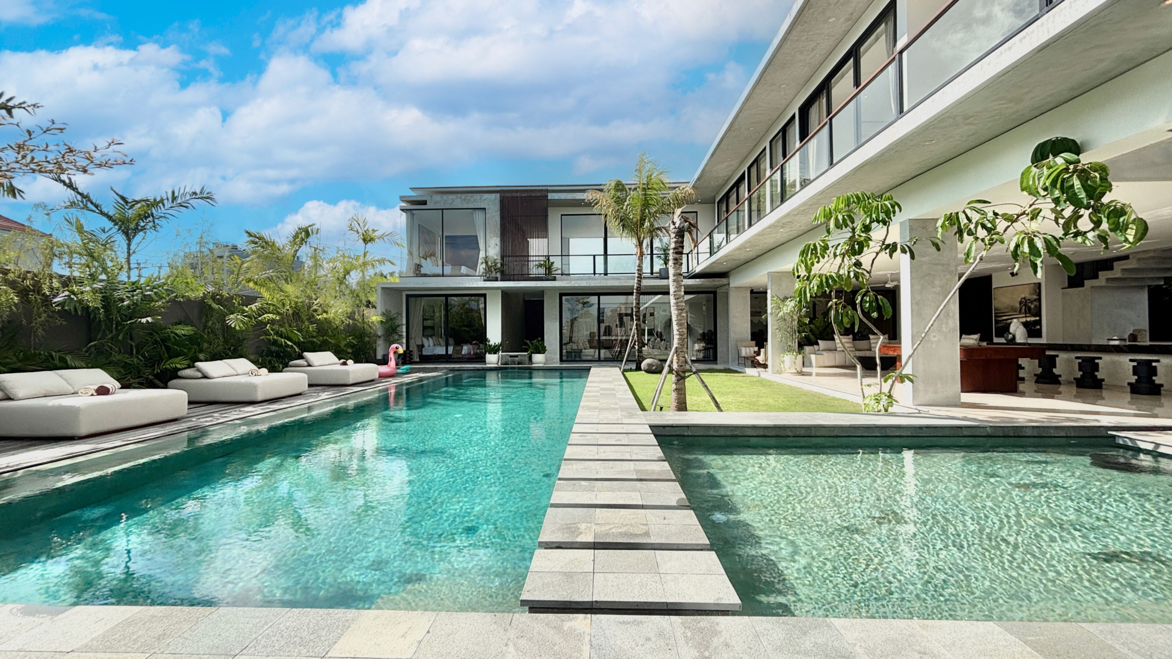 Outdoor pool, pool umbrellas, pool loungers