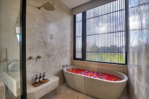Villa de lujo, 6 habitaciones, vistas a la piscina | Baño | Artículos de higiene personal gratuitos, secador de pelo y albornoces