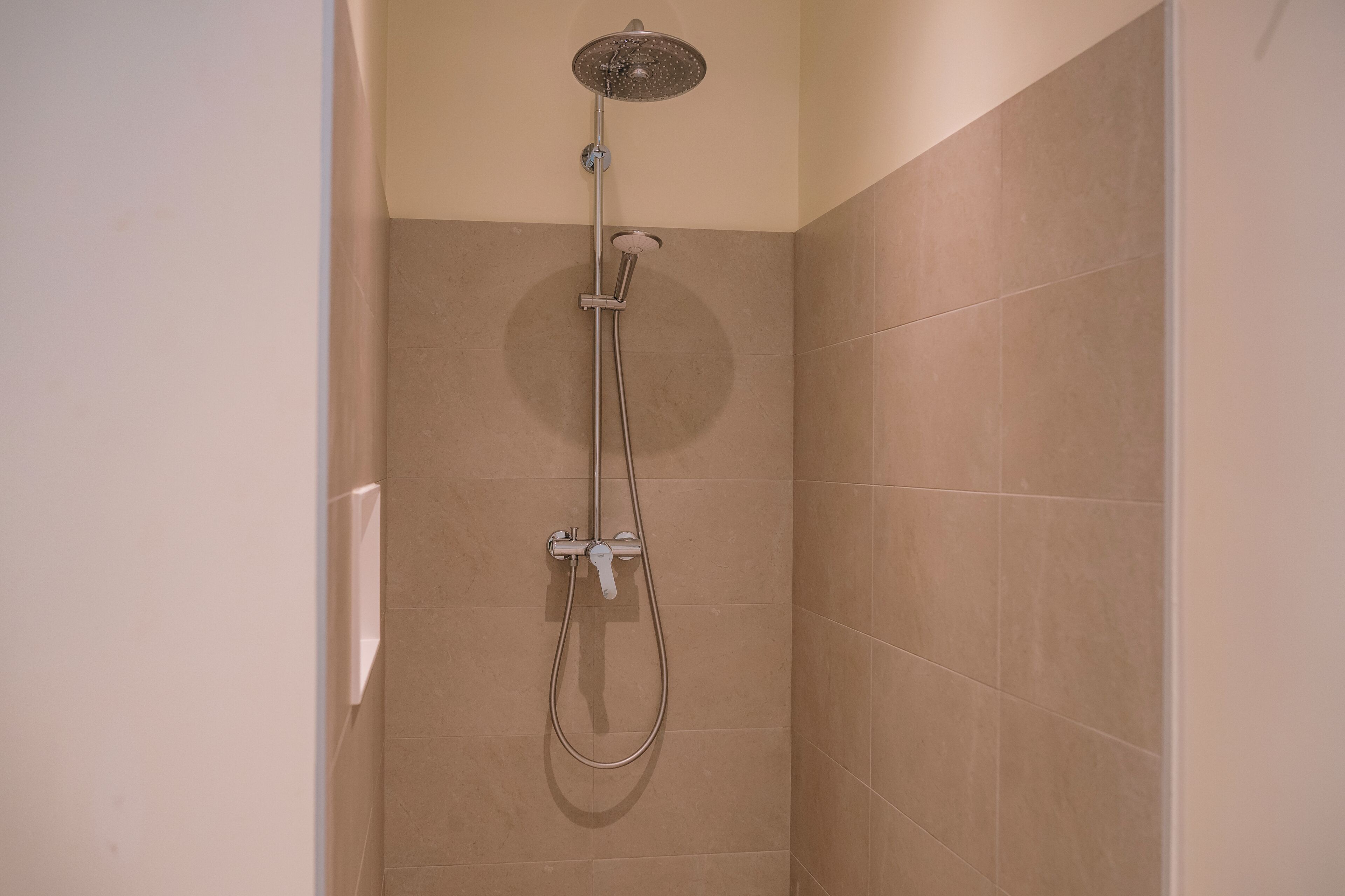 A shower with a handheld showerhead and a wall-mounted faucet.