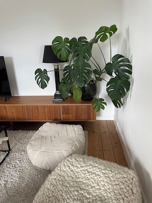 Ett rum med trägolv, en vit vägg, en svart lampa, en krukväxt av sorten monstera och en vit, mönstrad matta.
