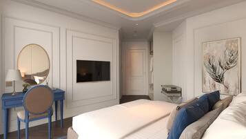 A hotel room with a bed, a desk with a chair, a television, and a painting on the wall.