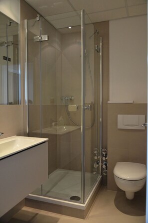 Ein modernes Badezimmer mit einer gläsernen Duschkabine, einem weißen Waschbecken und einer Toilette.