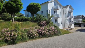 A large white building with multiple balconies, surrounded by greenery and flowers. - Seemeile 1 - Villa Monika - Villa Monika, App. Seemeile 1 with terrace (Sassnitz auf Rügen)