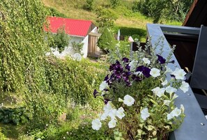 Un giardino con diverse fioriture, un edificio con tetto rosso e una struttura metallica.