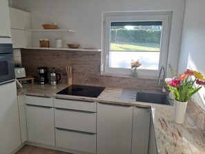 A modern kitchen with a built-in stove, a sink, and a window with a view of a garden. - Vacation apartment Tiny - on the edge of the national park in Hagen - Ferienwohnung Tiny - (Lohme OT Hagen)
