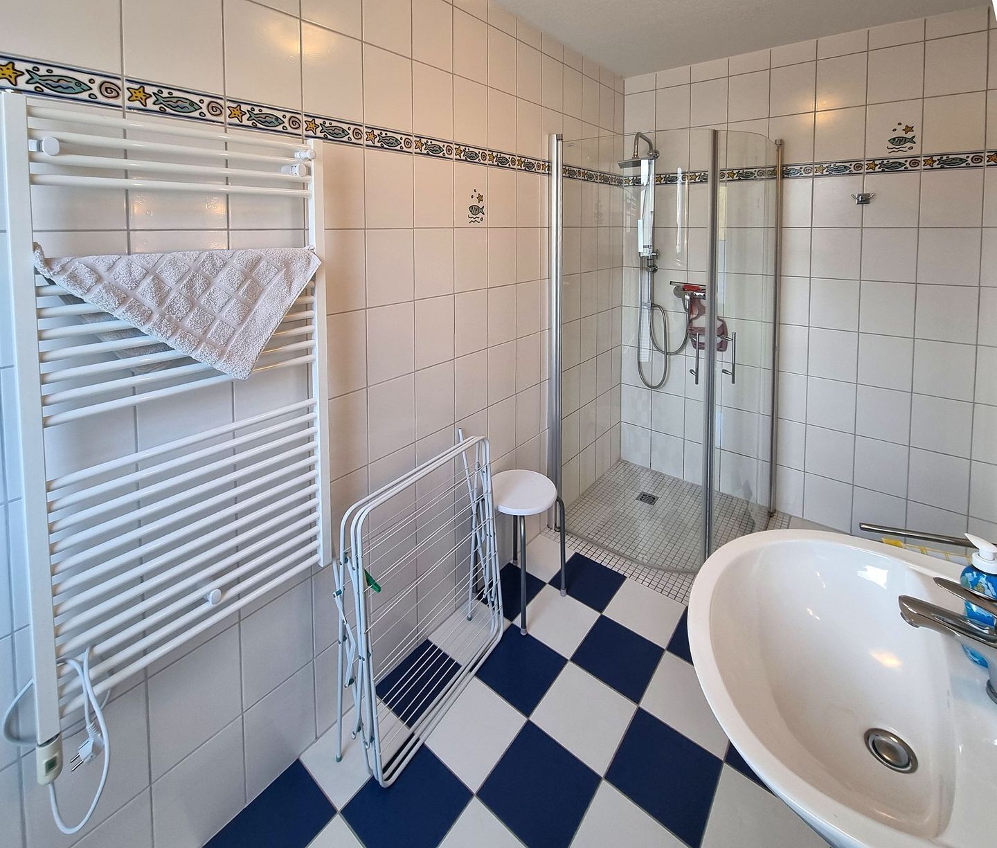 Un baño con lavamanos blanco, ducha con cerramiento de vidrio, toallero y radiador.