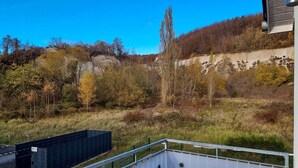 A view of a natural landscape with trees and a rocky cliff. - Ferienhaus Zum Kreideblick, FW Seepferdchen - Holiday home Zum Kreideblick, (Sassnitz auf Rügen)