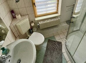 Un baño con inodoro, lavamanos y ducha.
