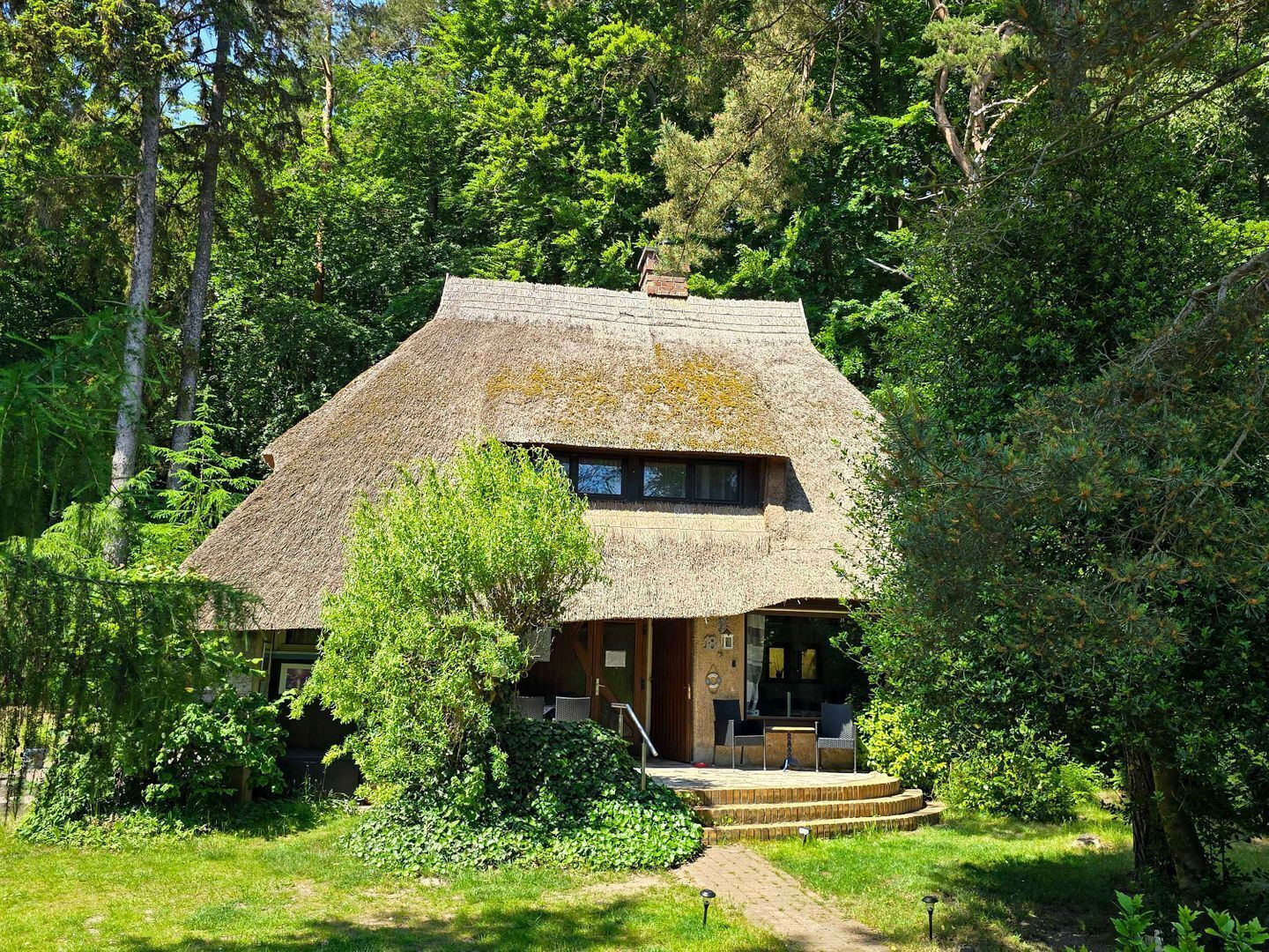 A thatched-roof house surrounded by lush greenery.