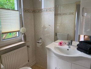 A bathroom with a toilet, a sink with a mirror, a window with a plant, and a radiator. - Vacation home Seeblick in Sassnitz on Rügen with terrace (Sassnitz auf Rügen)
