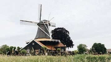 Un mulino a vento dal design tradizionale, circondato da un campo e alberi.