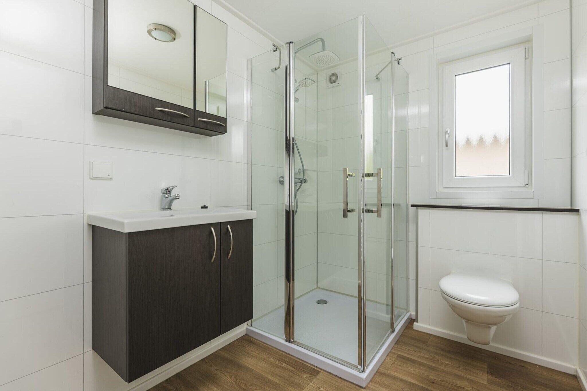 Une salle de bain avec une douche à parois de verre, des toilettes blanches et un meuble-lavabo de couleur foncée agrémenté d’un miroir.