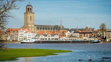 A historic building with a prominent tower, a river with ducks, and a row of traditional houses.